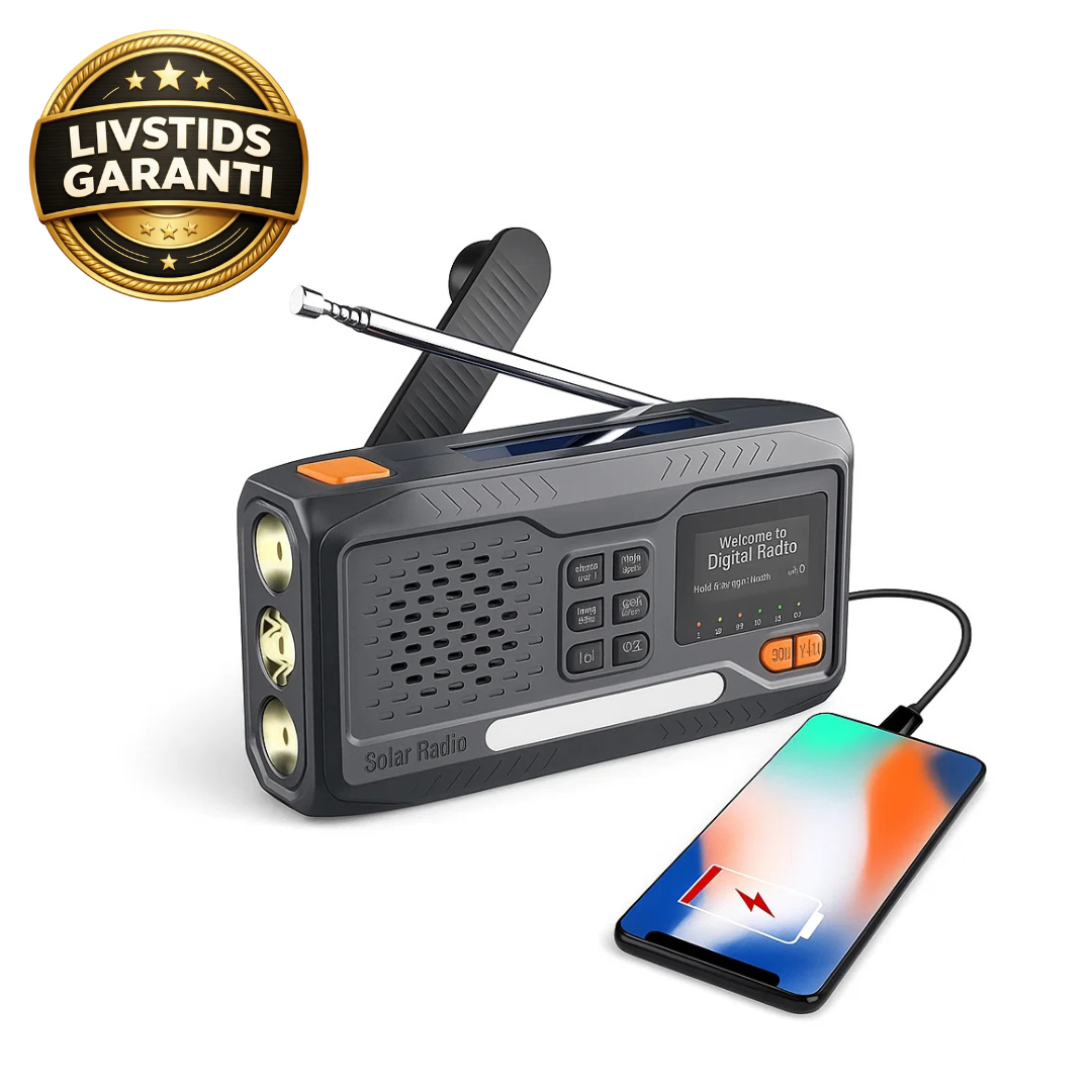 Nødradio – DAB+/FM, powerbank, lommelygte og håndsving