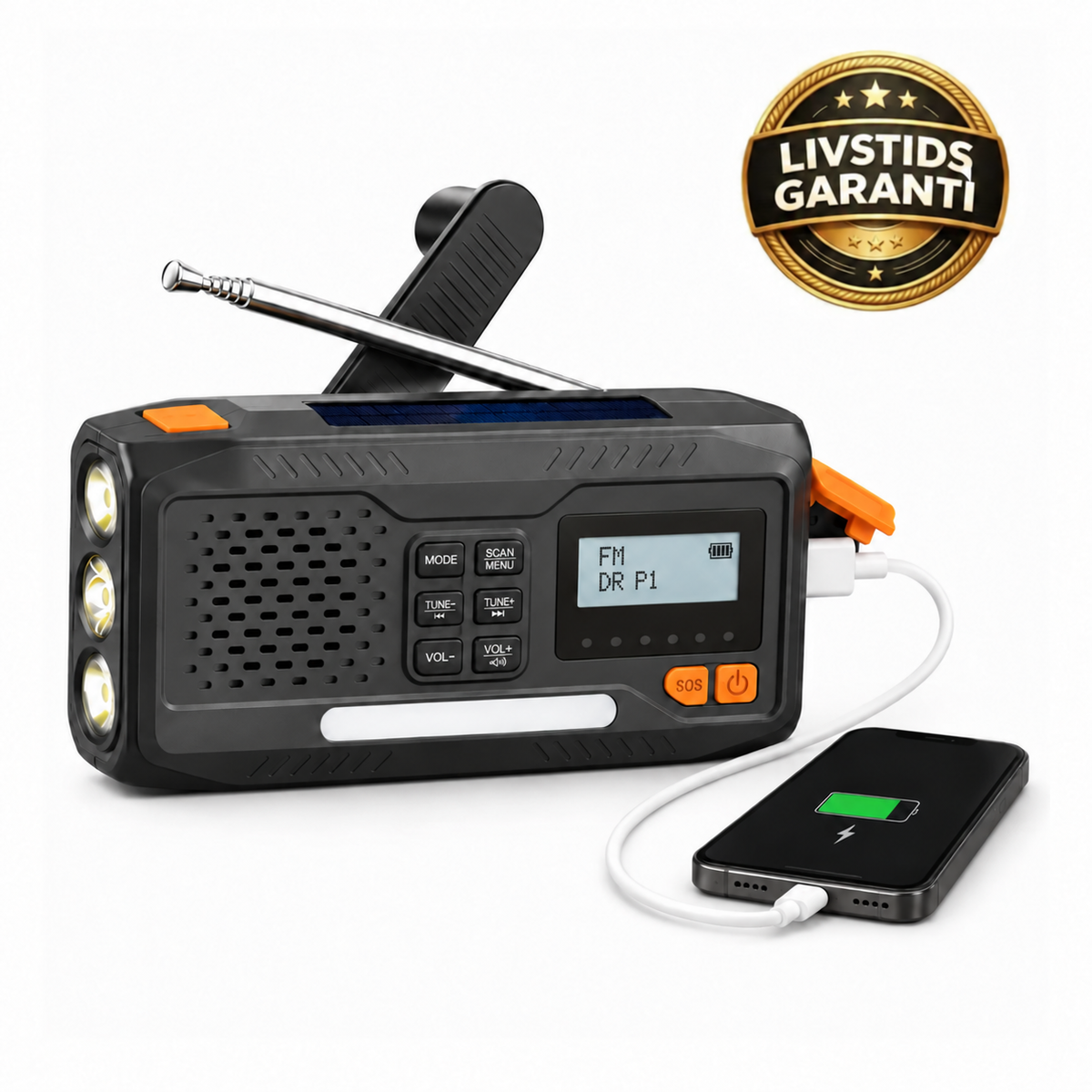 Nødradio – FM/DAB+, håndsving, solcelle, powerbank og lommelygte