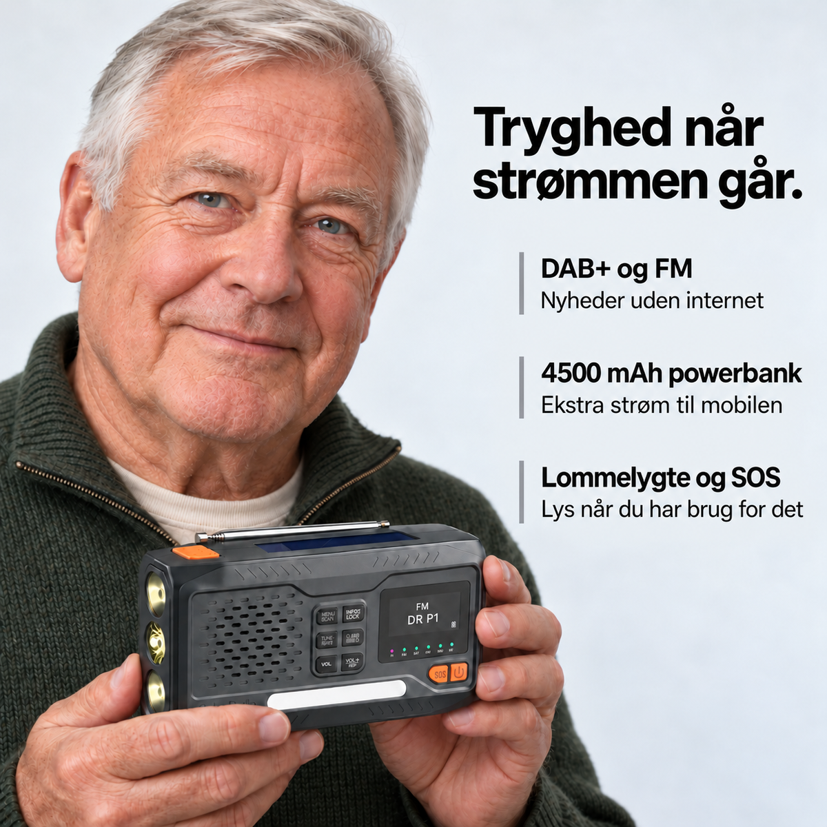 Nødradio – FM/DAB+, håndsving, solcelle, powerbank og lommelygte
